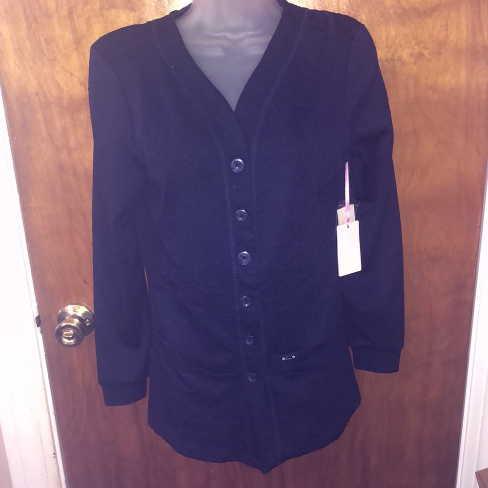 Kathy Peterson scrub top Black Button-Up Cardigan